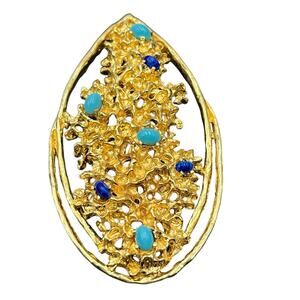 SIGNED PANETTA Turquoise Lapis Cabochon Rhinestone Brutalist Brooch Pendant